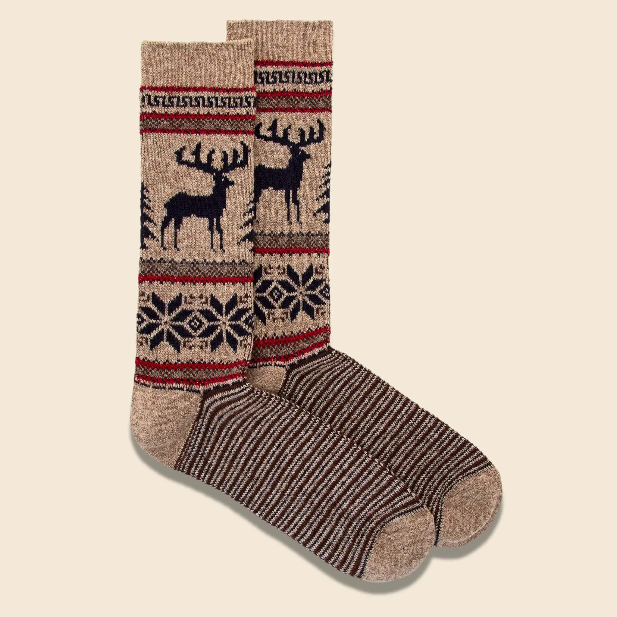 Wool Deer Snow Jacquard Crew Sock - Beige - 1