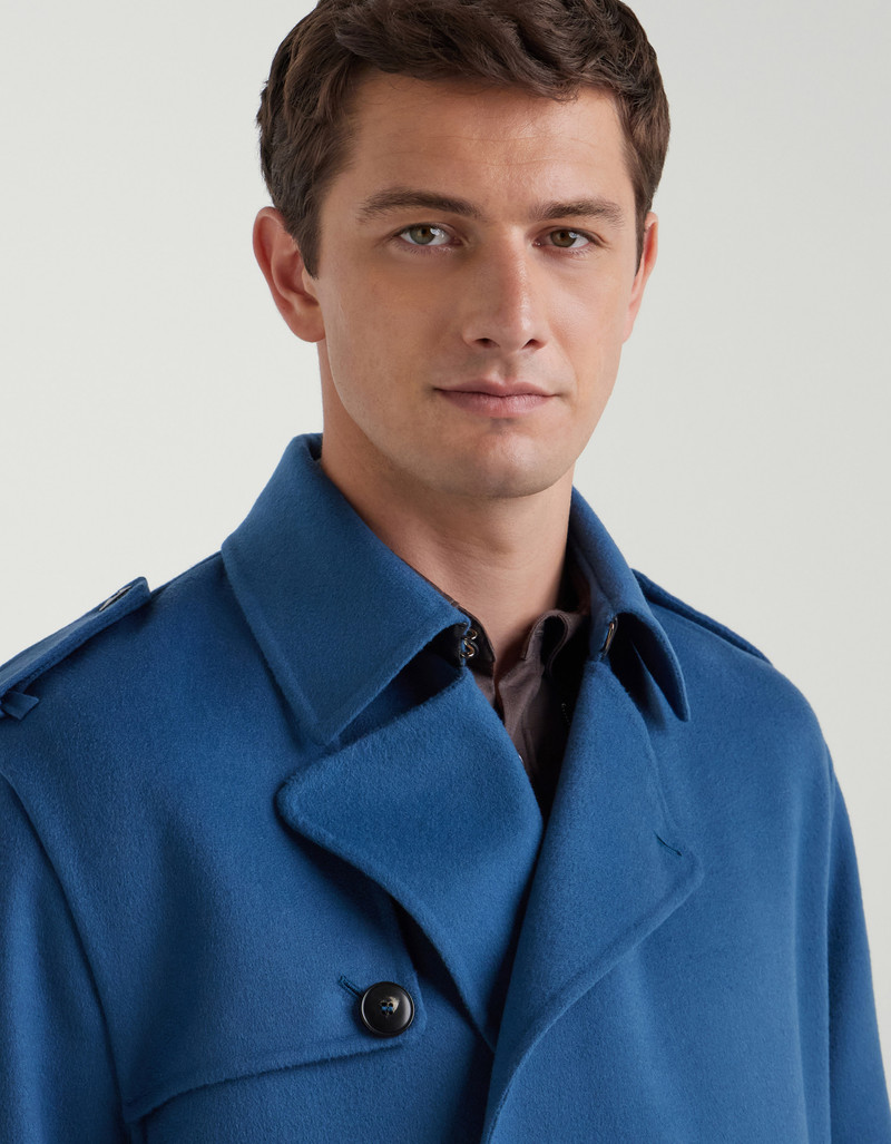 PETROL BLUE SET-IN SLEEVE DOUBLE WOOL AND CASHMERE TRENCH COAT WITH BELT 5