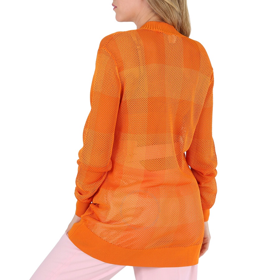 Burberry Ladies Deep Orange Zoie Check Mesh Lace V-Neck Jumper - 6