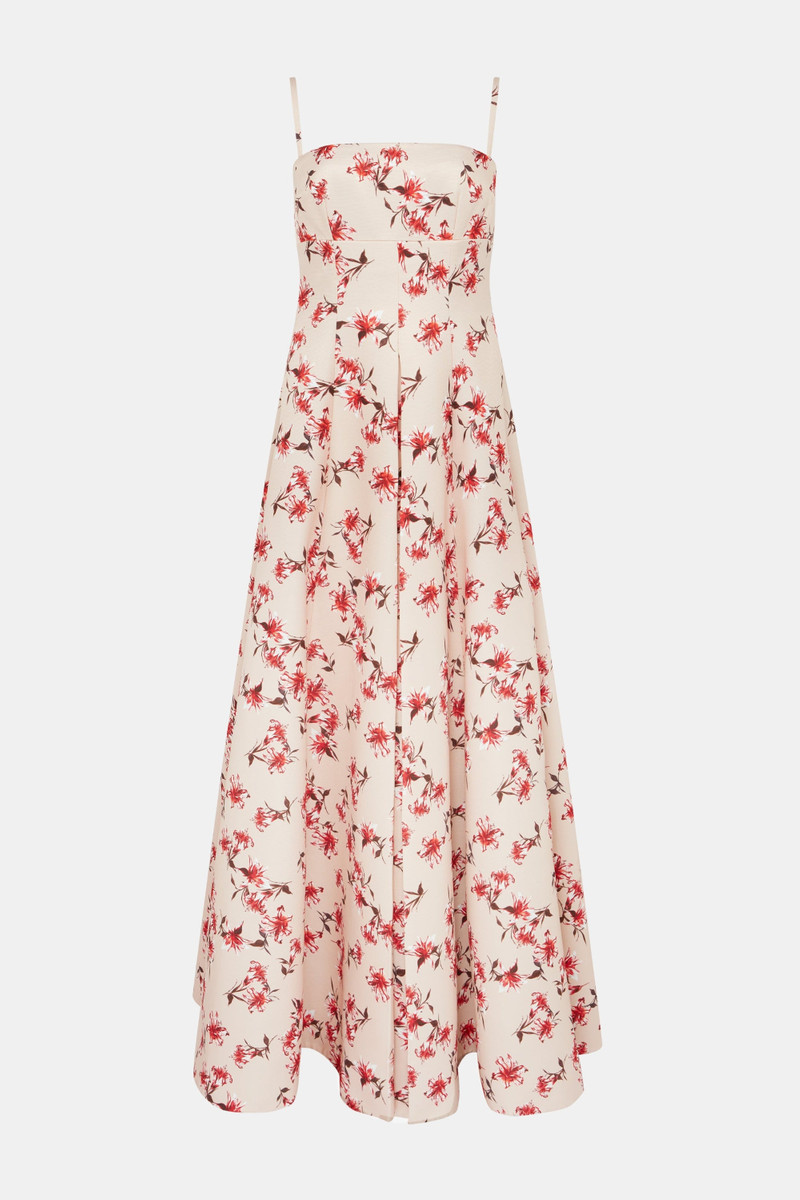 Oceana Dress in Red Summer Lillies on Pink Taffeta Faille 1