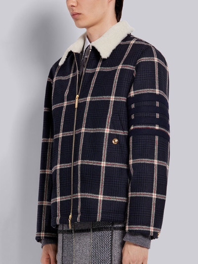 Thom Browne Navy Prince of Wales Wool Cavalry Twill Shearling Lined 4-Bar Flight Jacket outlook