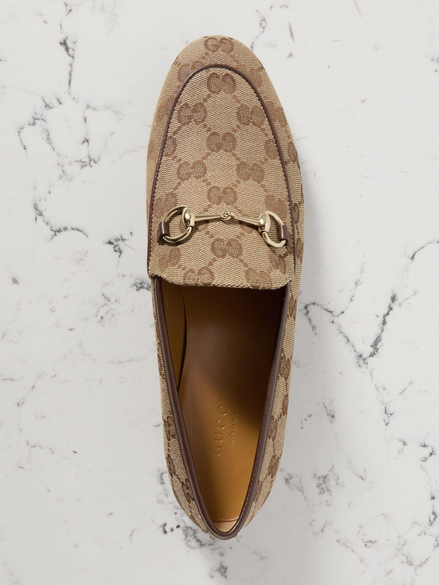 Jordaan horsebit-detailed leather-trimmed canvas-jacquard loafers Beige - 5