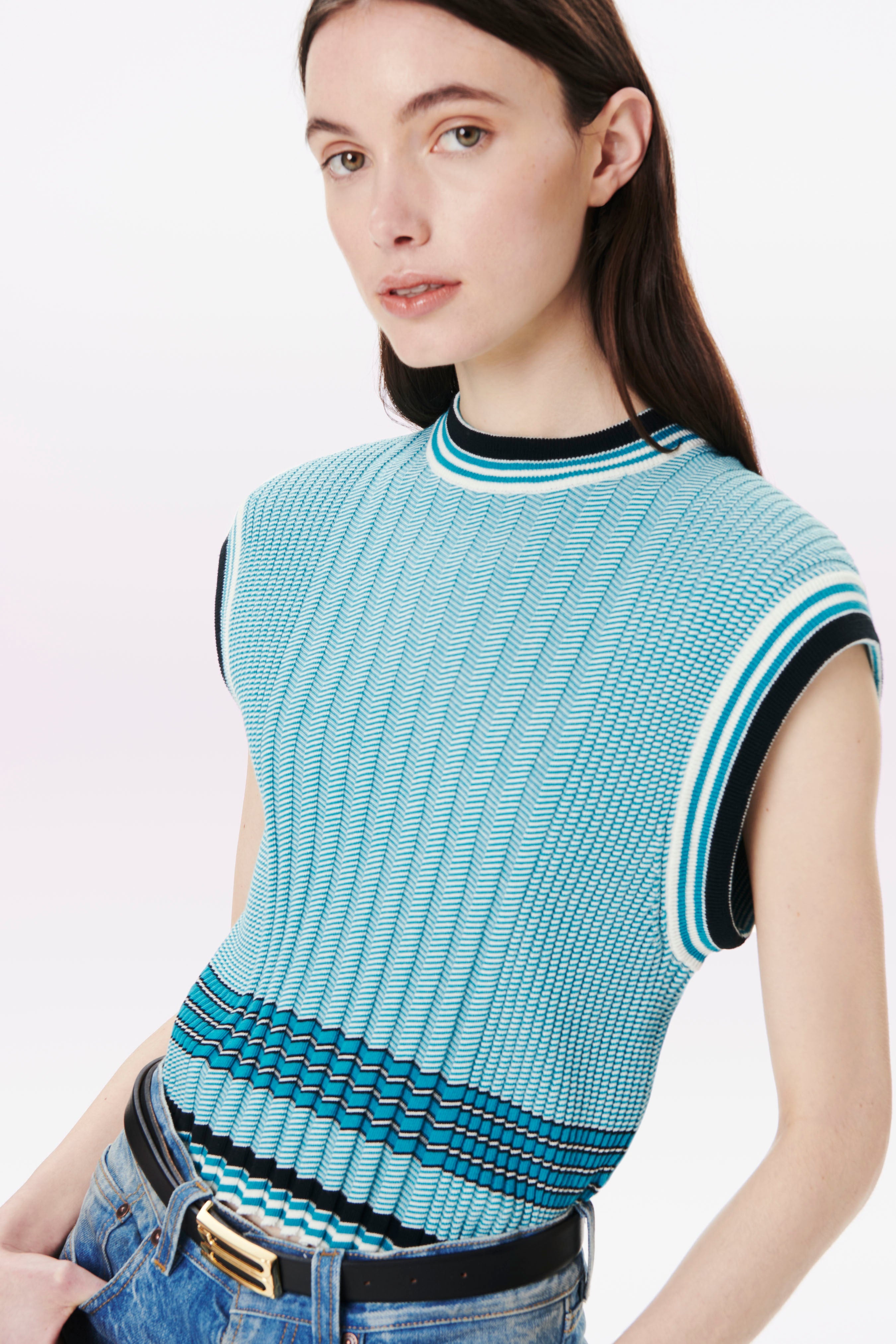 Knitted Crew-Neck Tank Top in Teal Stripe - 4