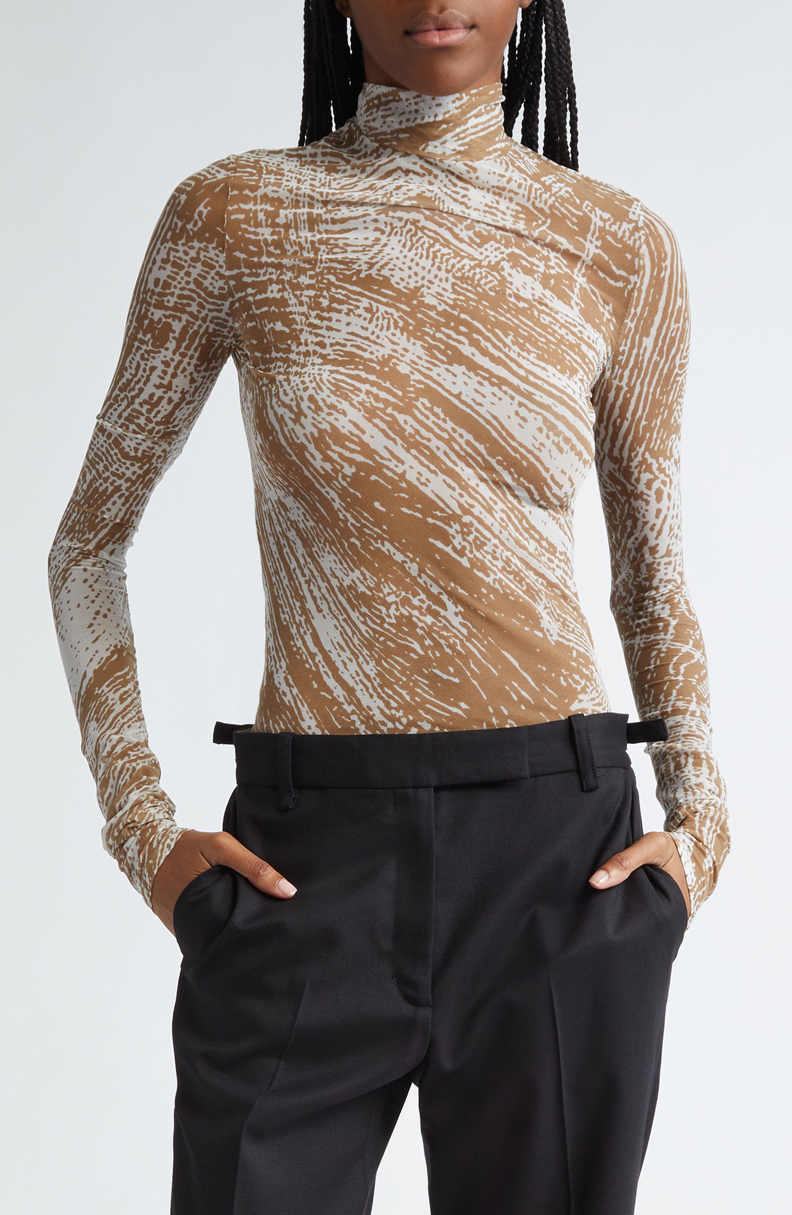 Proenza Schouler Rio Mock Neck Long Sleeve Tulle Top in Wood at Nordstrom - 1
