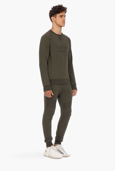 Khaki cotton sweatshirt with embossed khaki Balmain Paris logo - 7