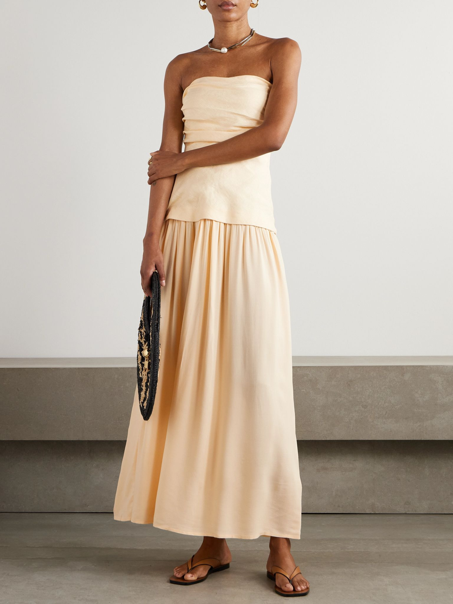Hedy strapless gathered linen and voile maxi dress Pastel yellow - 2