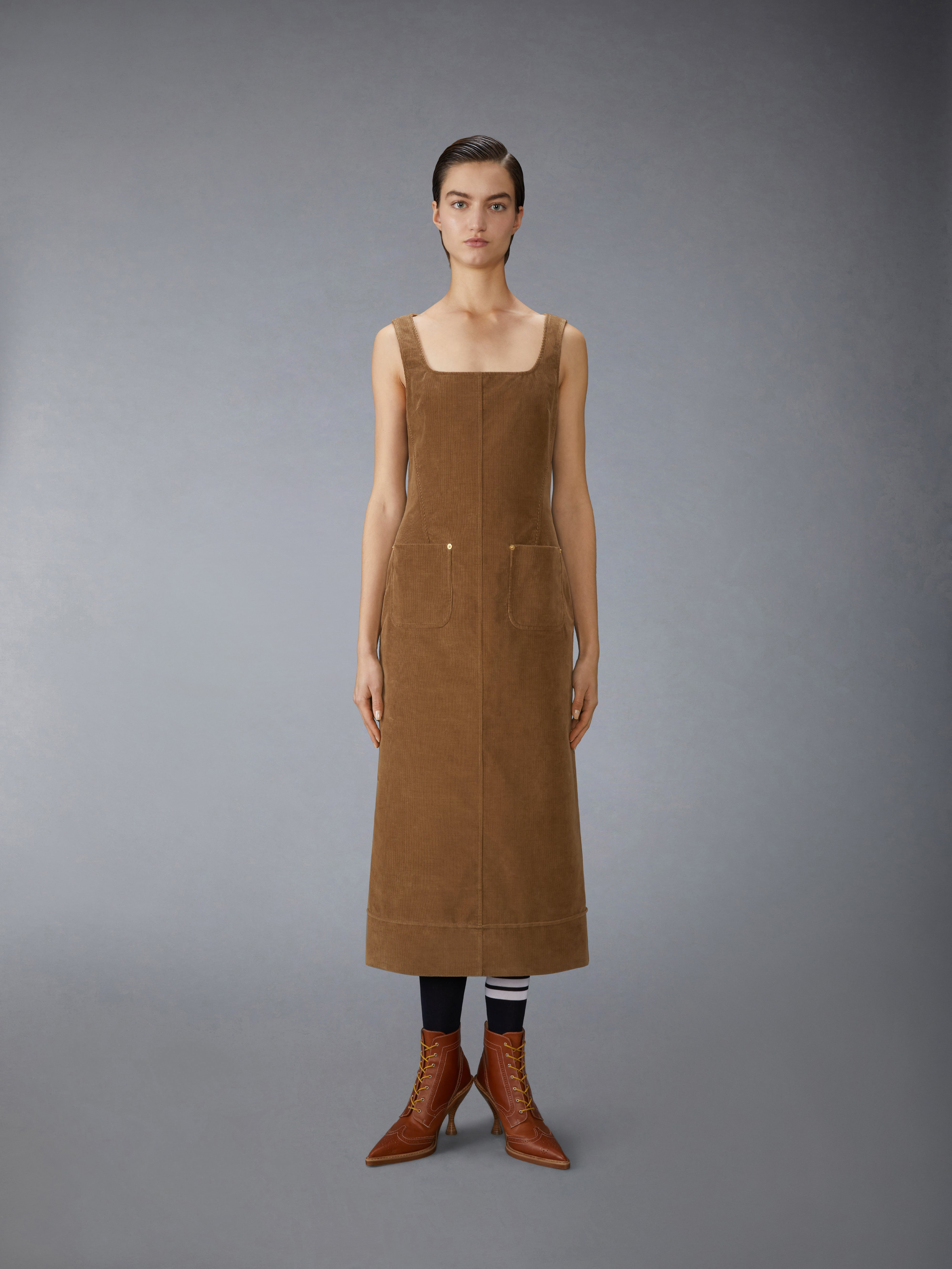 WALE CORDUROY SQUARE NECK COLUMN DRESS - 3