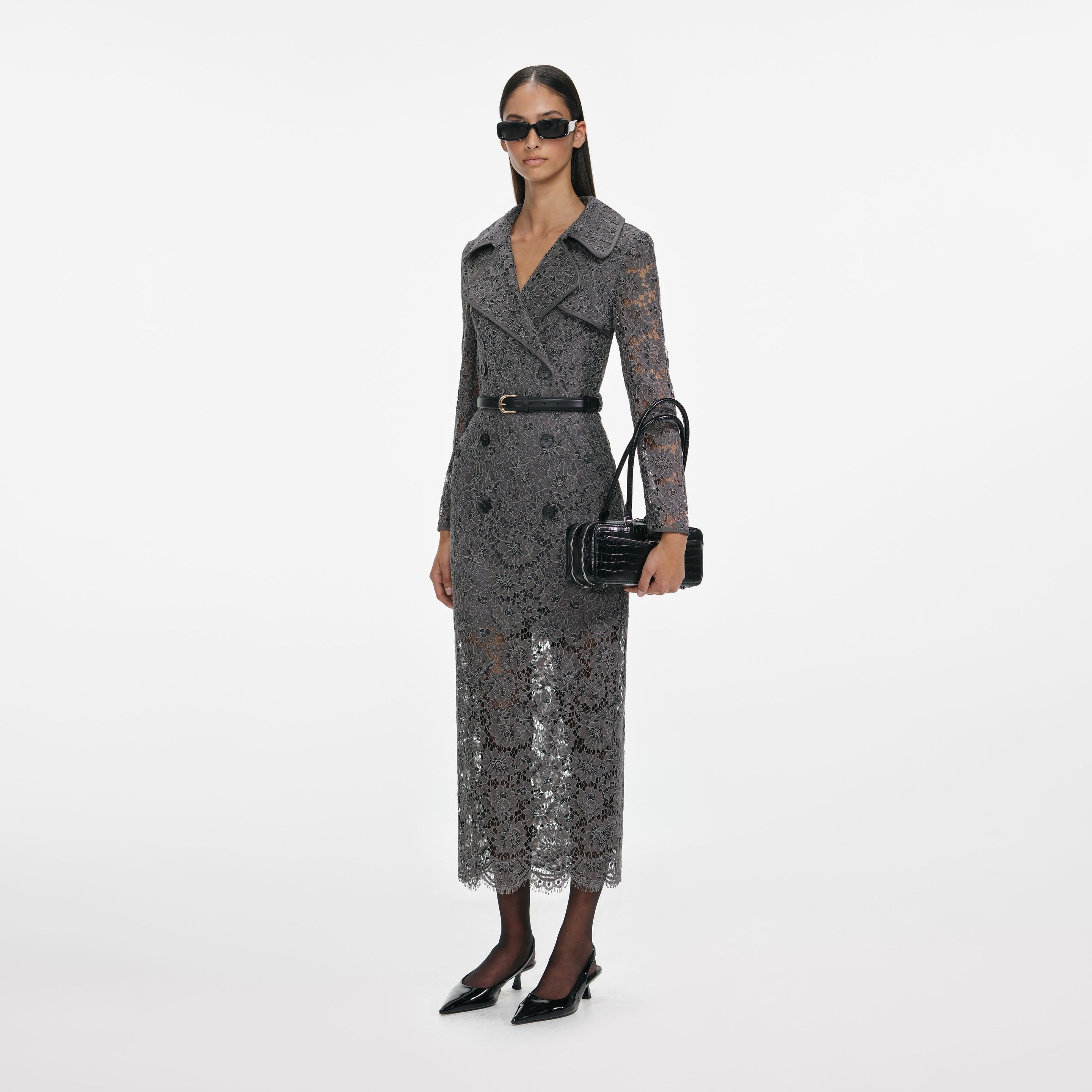 Grey Floral Lace Midi Dress - 2