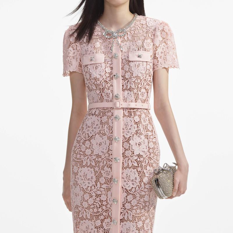 self-portrait Pink Lace Diamante Bow Midi Dress - PF24-901M-P | REVERSIBLE