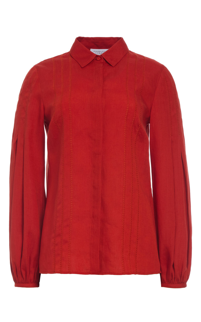 Inga Blouse in Antelope Orange Aloe Linen 1