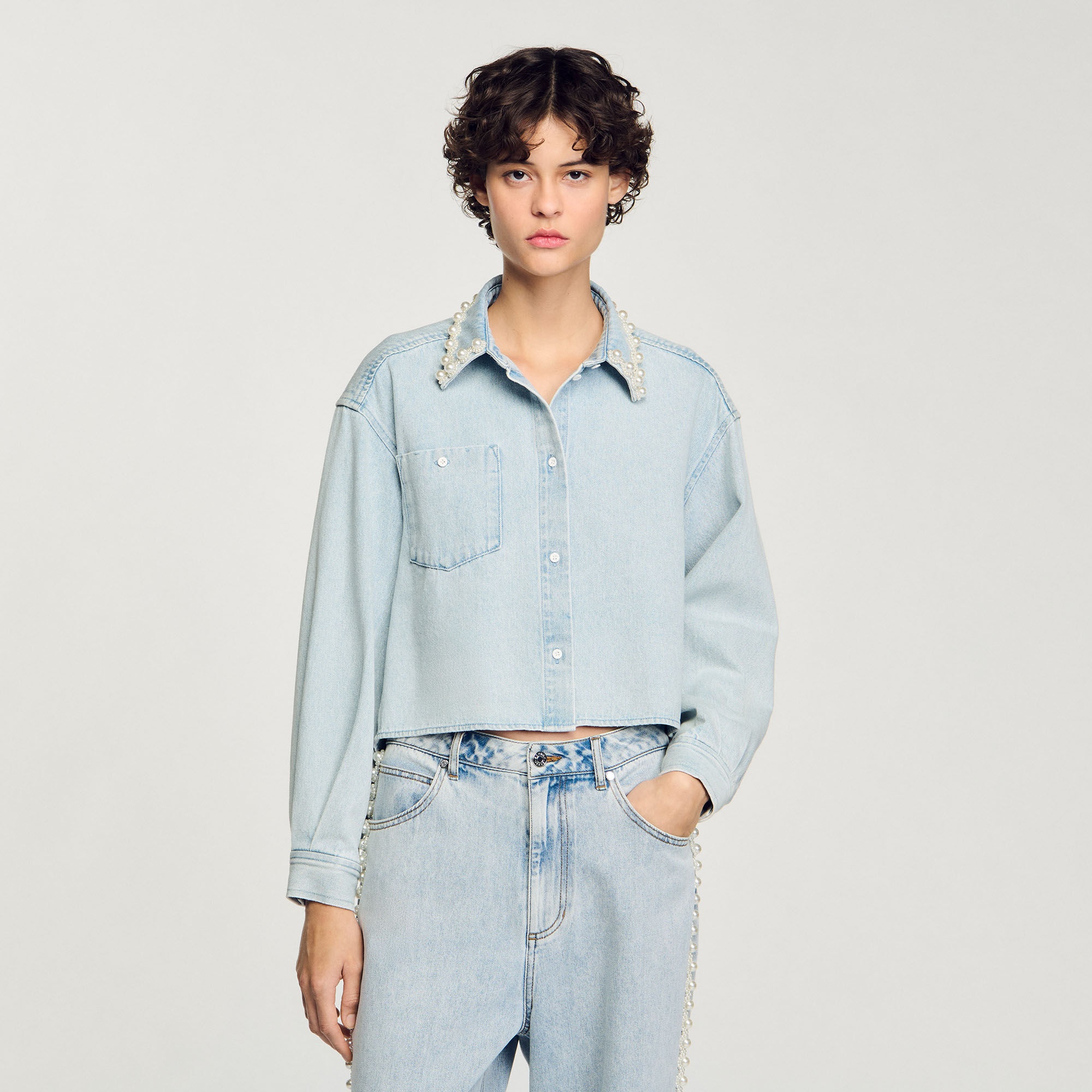 DENIM SHIRT WITH BEADED COLLAR - 4