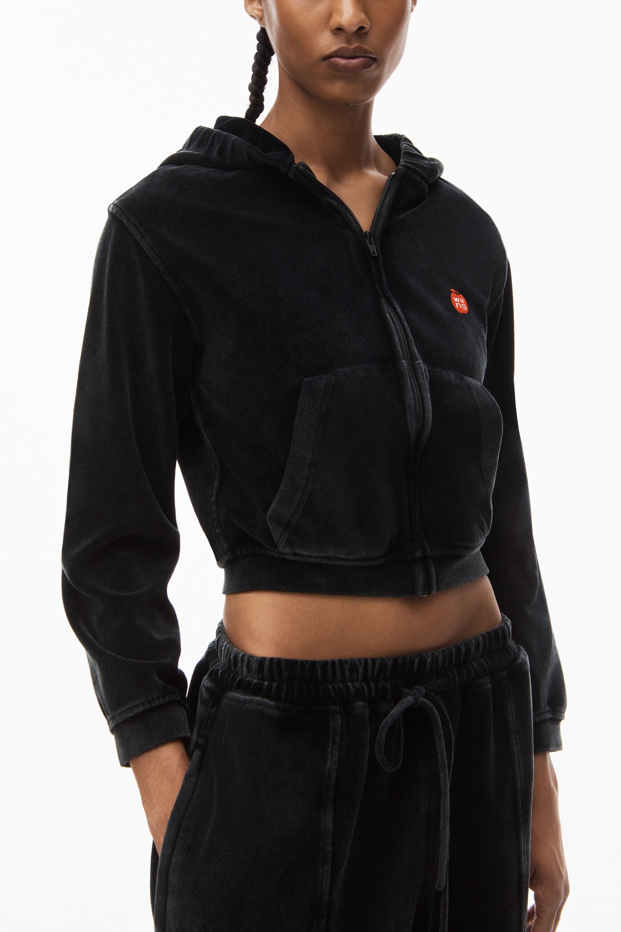 apple logo shrunken zip up hoodie in velour - 3