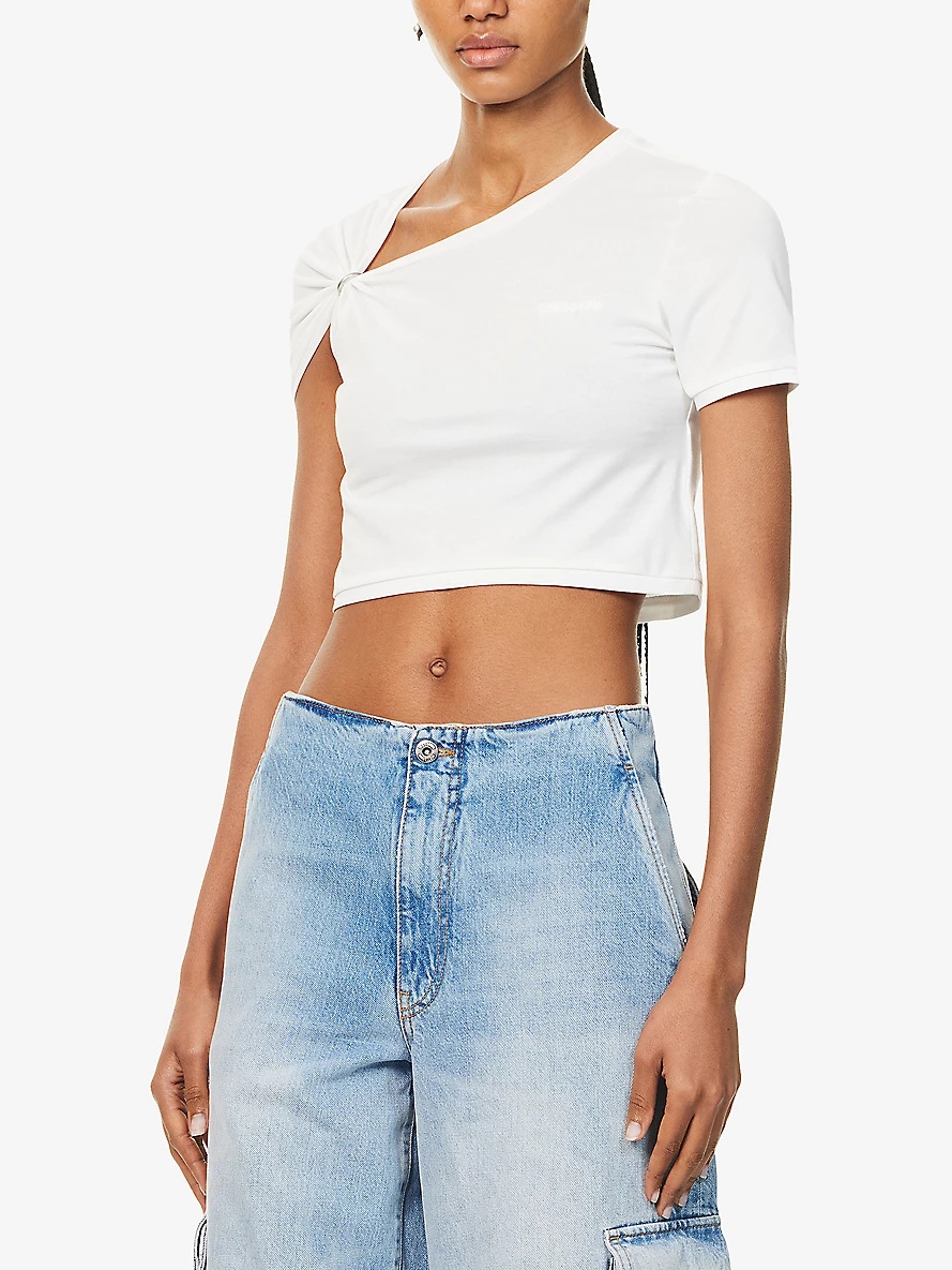 Gather Cropped Cotton-Blend Stretch-Jersey T-Shirt - 3
