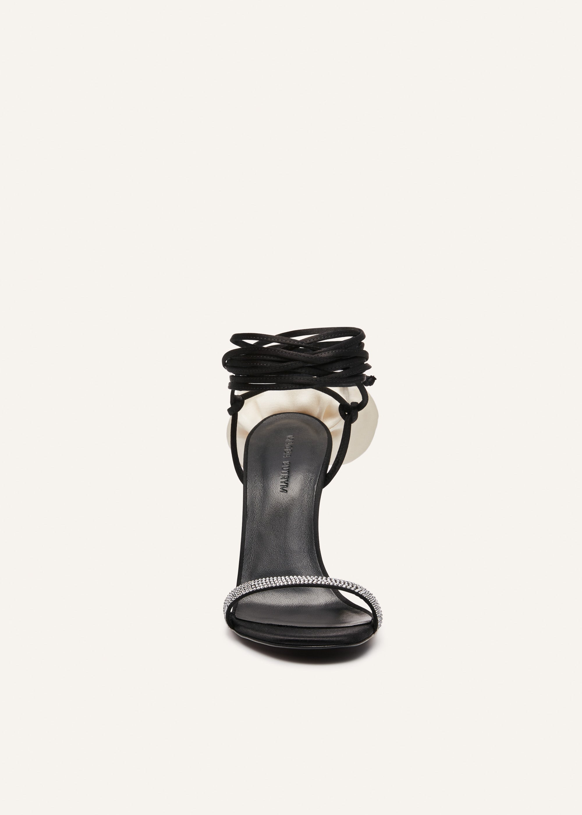 Ivory flower wrap around black satin heeI sandals with strass - 3