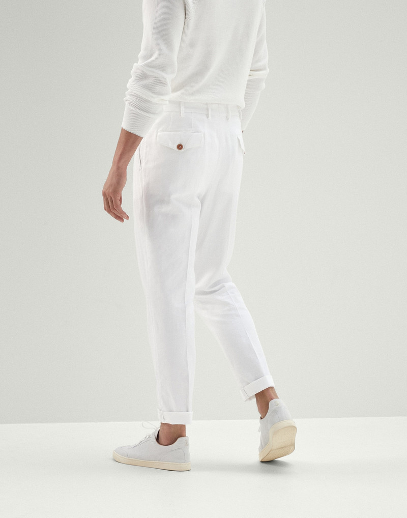 Brunello Cucinelli Garment-dyed leisure fit trousers in comfort cotton and linen chevron with double pleats and tabbed  outlook