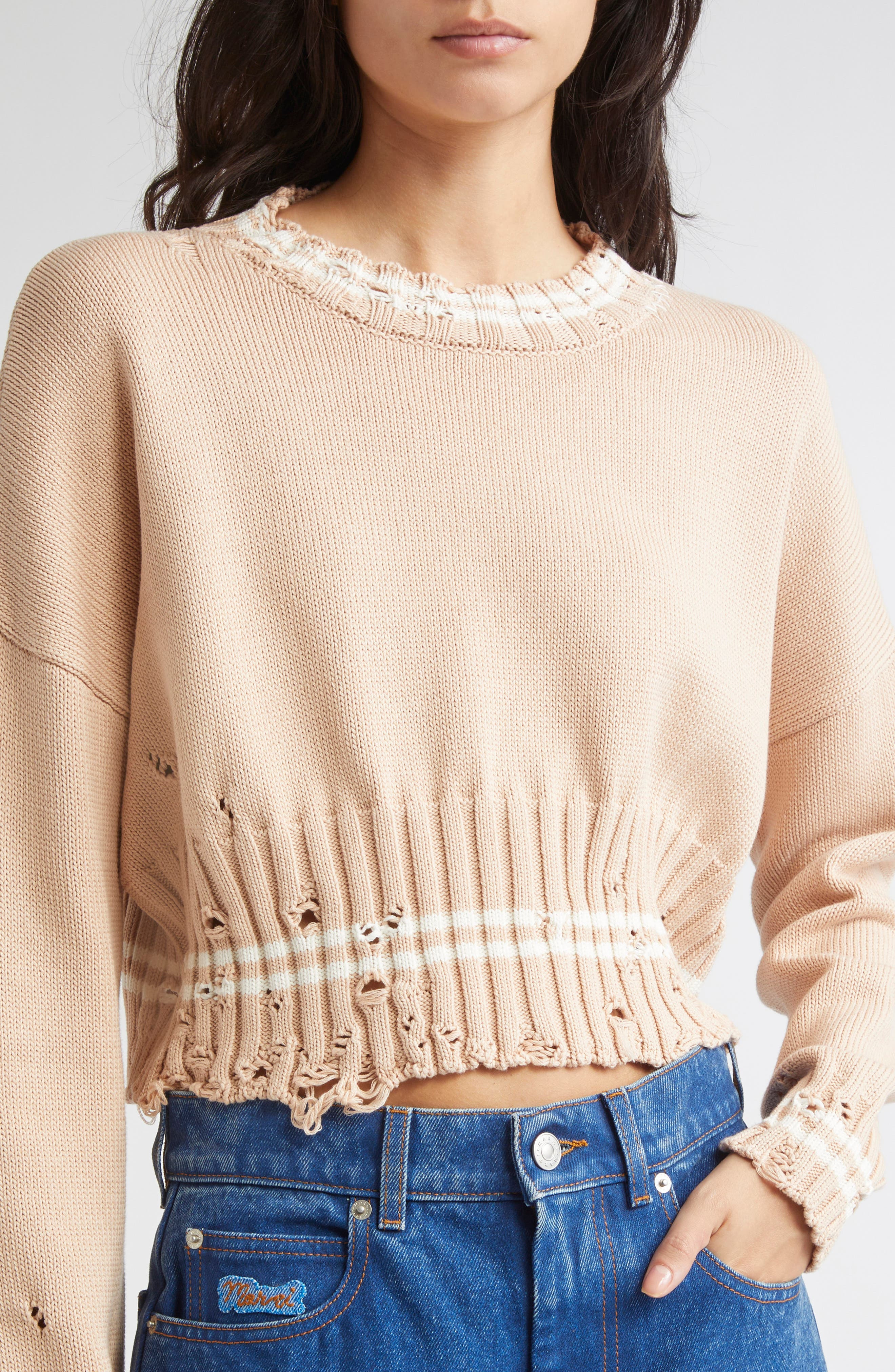 Marni Mending Logo Distressed Cotton Crewneck Sweater in 00W35 Sand Storm at Nordstrom - 5