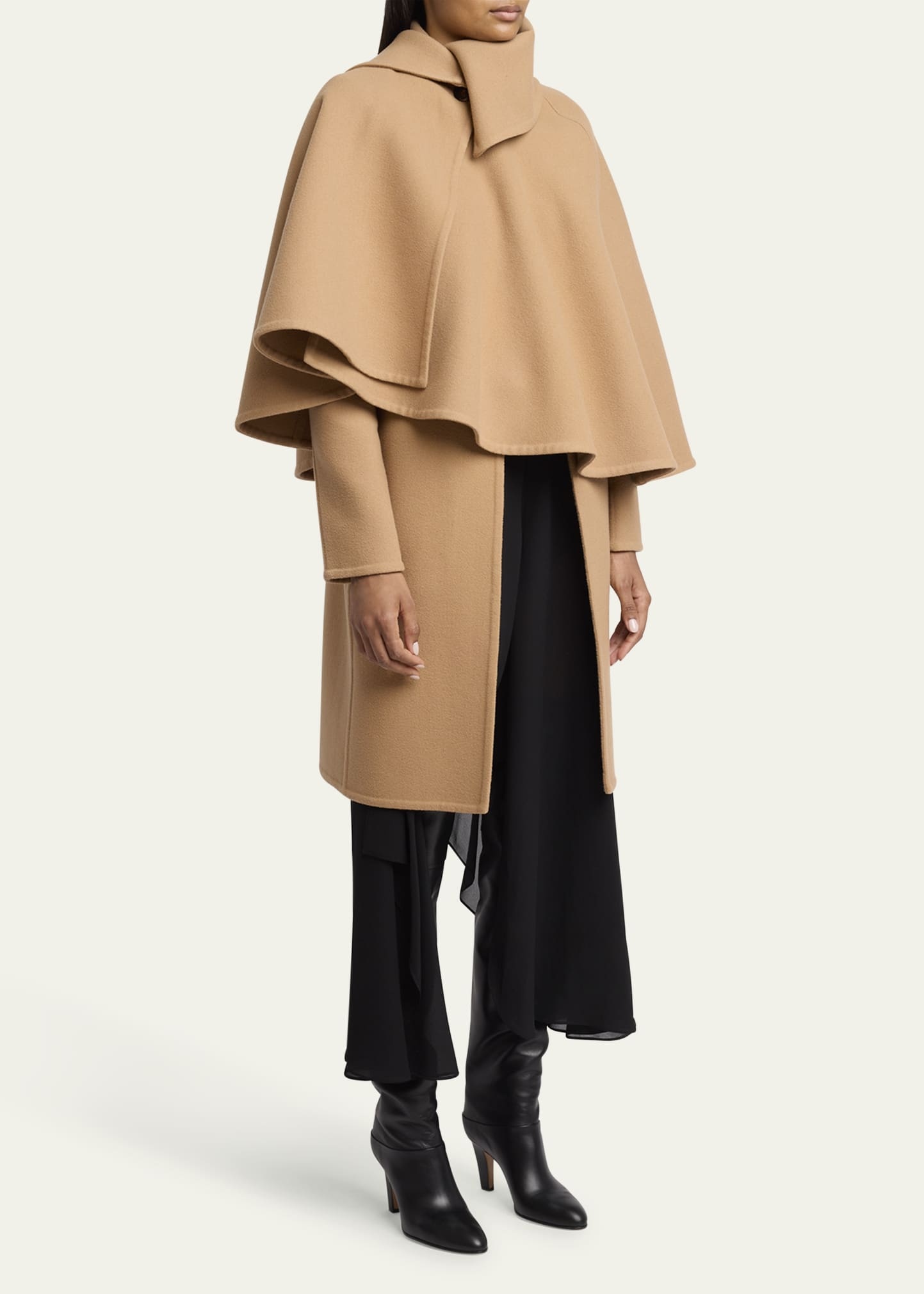 Cape Overlay Double-Face Wool Cashmere Coat - 4