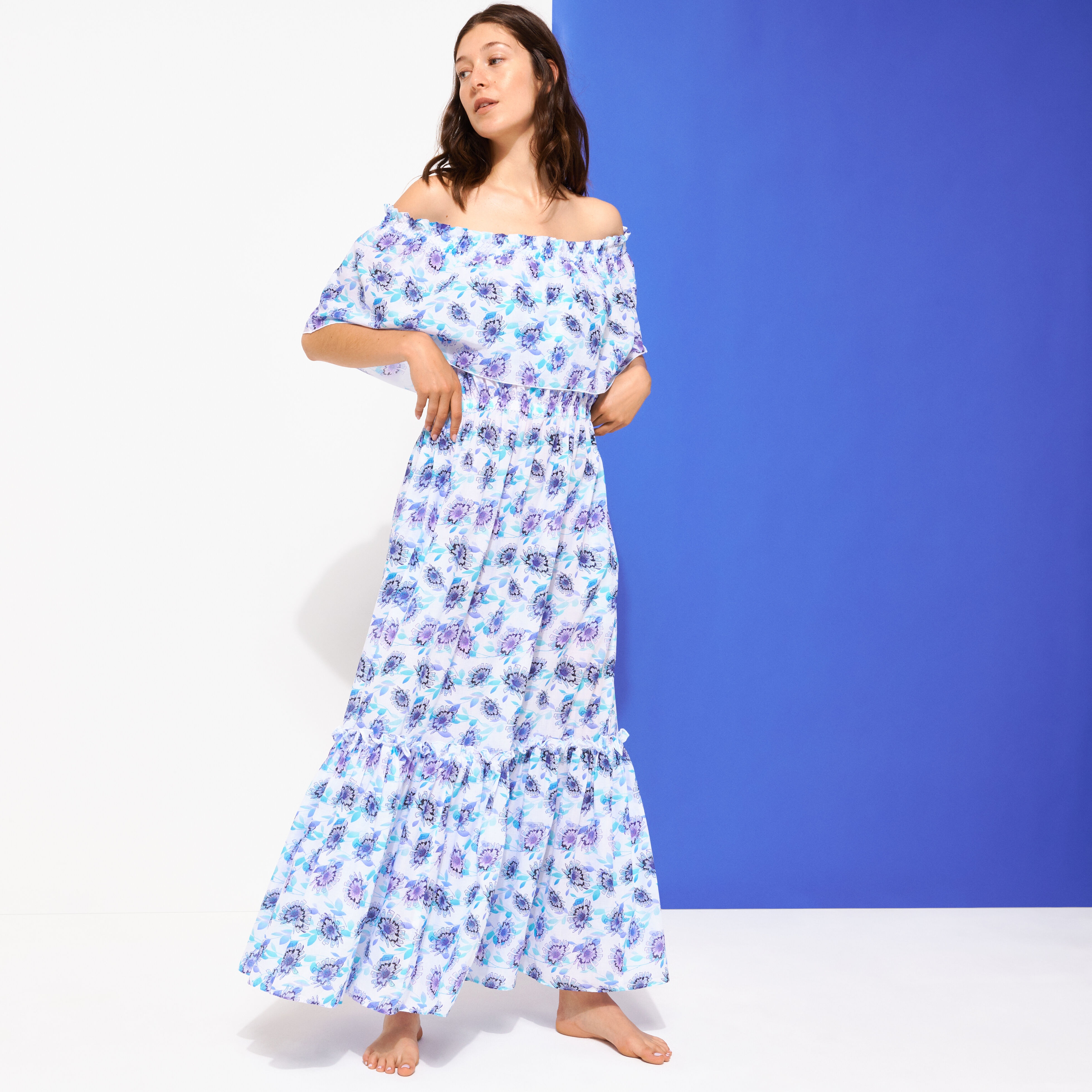 Women Long Off the Shoulders Cotton Dress Flash Flowers - 3