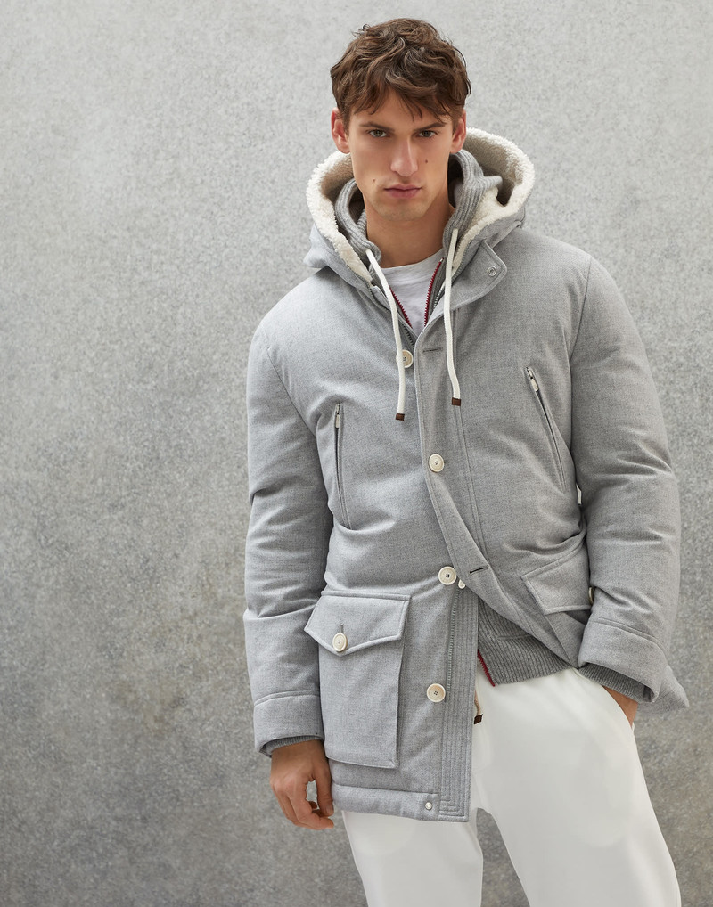 Wool, silk and cashmere bonded diagonal parka with down padding and shearling-lined hood 1