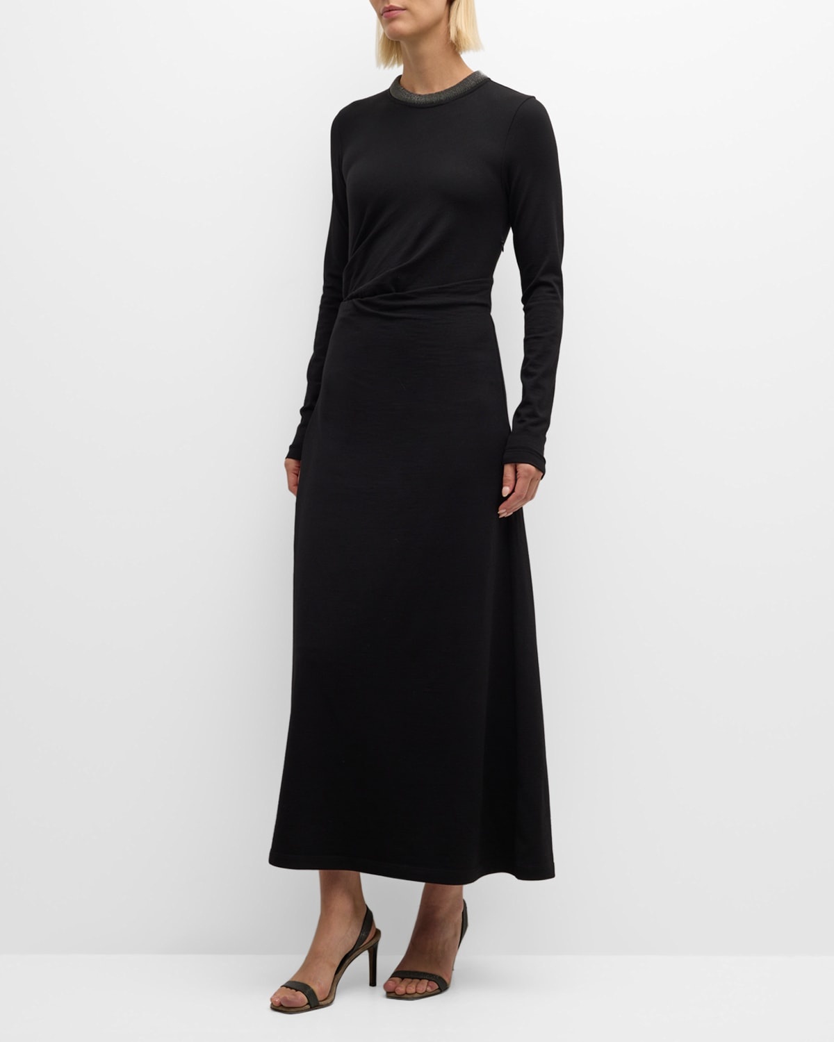 Monili-Collar Long-Sleeve Draped Jersey Maxi Dress - 3