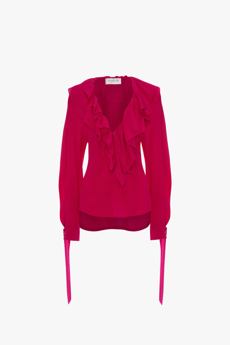 Deep V Ruffled Blouse in Fuschia 1