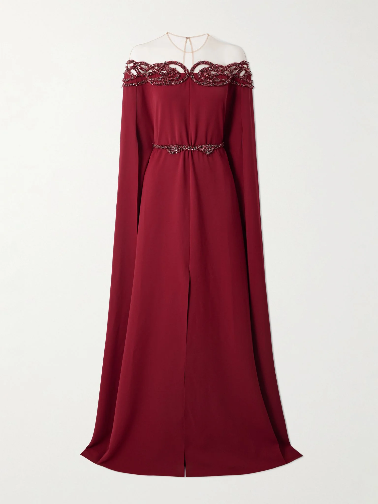 Cape-effect embellished cady gown Burgundy - 1