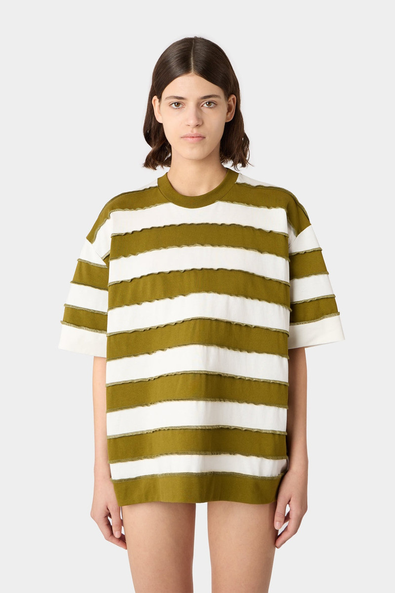 OVER T-SHIRT W/ CUTS / green & white stripes 3