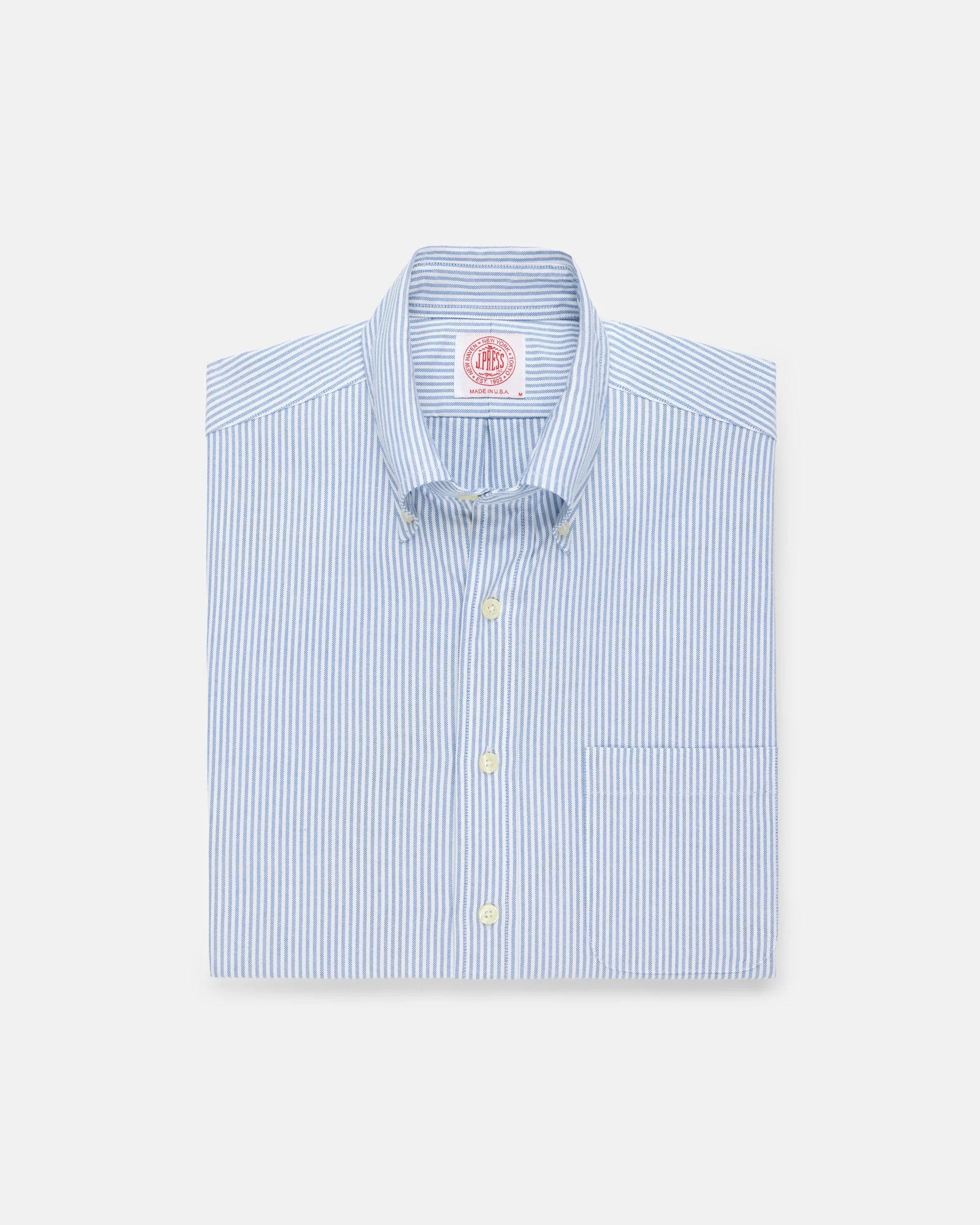 MADE-IN-USA BLUE UNIVERSITY STRIPE OXFORD CLOTH SHORT SLEEVE SPORT SHIRT - CLASSIC FIT - 1