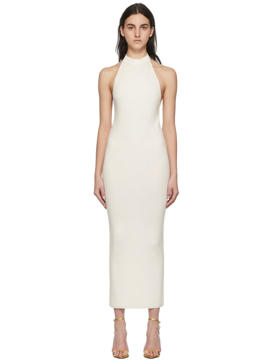 White Rib Knit Halter Dress - 1