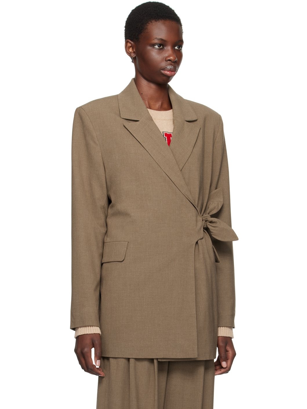 Beige Drapey Knot Belt Blazer - 2