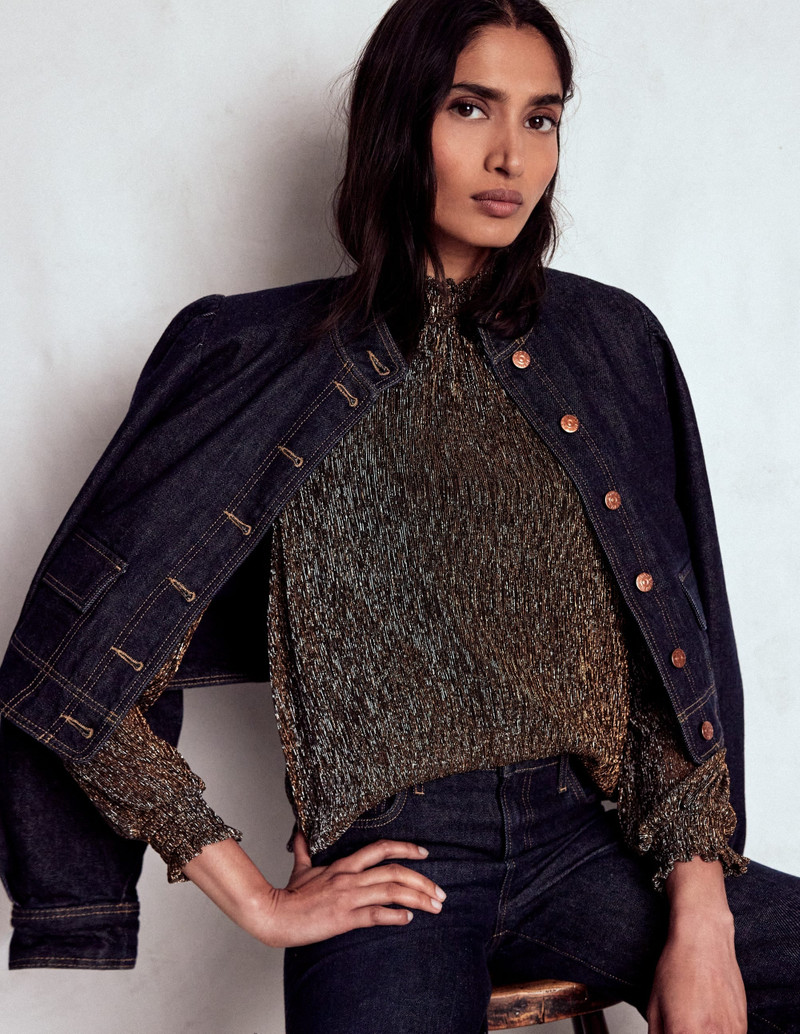 Smocked Neck Metallic Top-Metallic 3