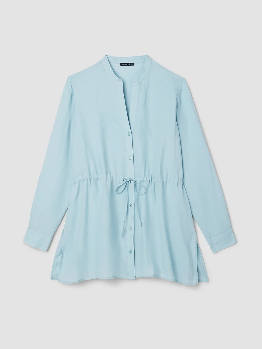 Organic Handkerchief Linen Band Collar Long Shirt - 1