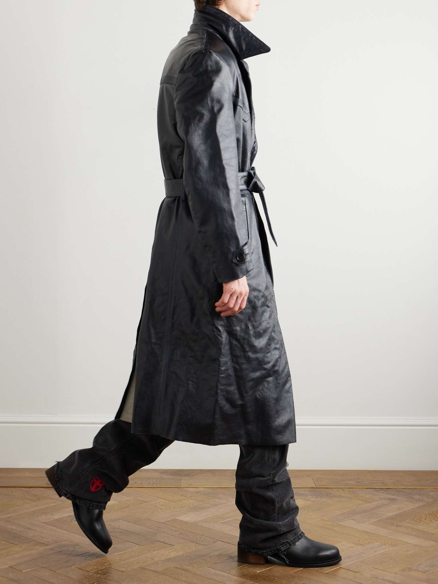 Belted Panelled Leather Trench Coat - 2