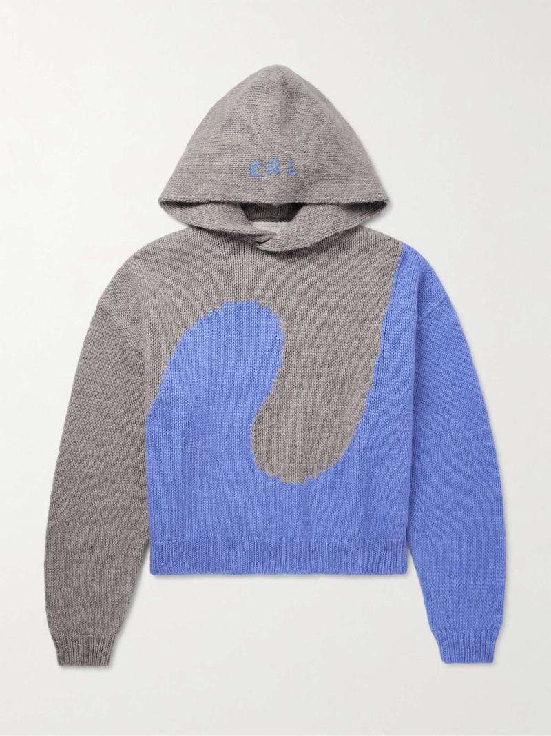 Swirl Cropped Logo-Embroidered Two-Tone Intarsia-Knit Hoodie - 1