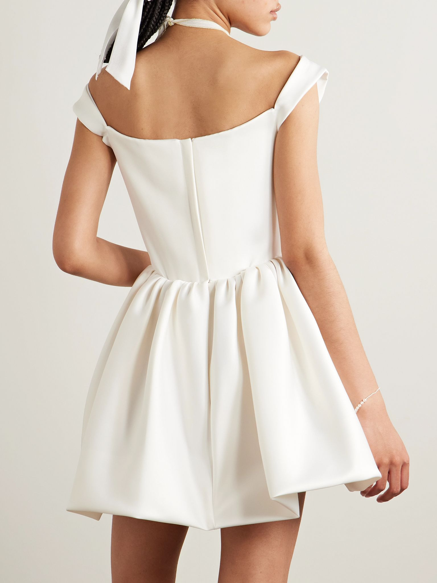 Bagatelle off-the-shoulder gathered duchesse silk-satin mini dress Off-white - 3