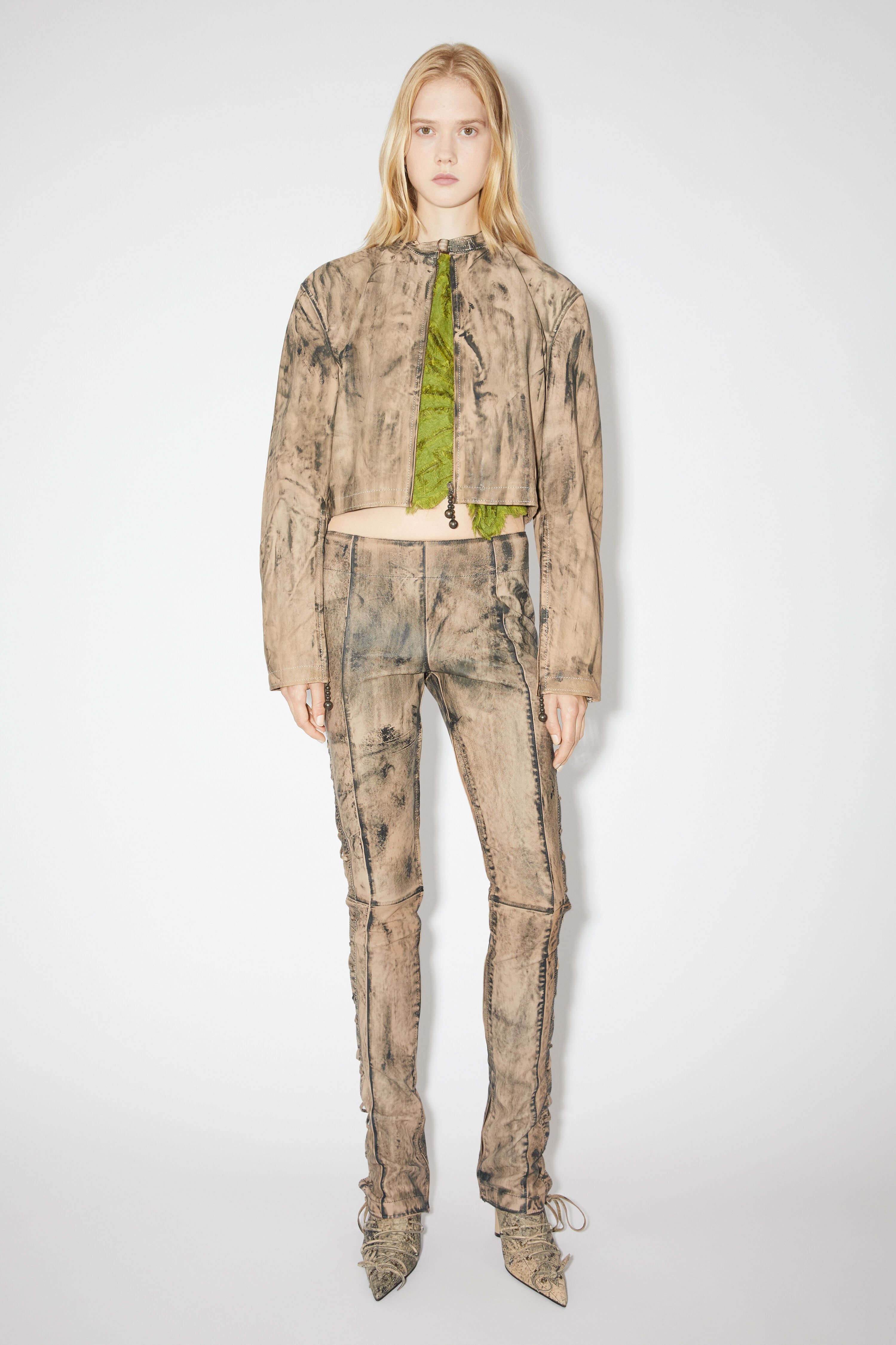 Painted leather biker jacket - Beige/green - 2
