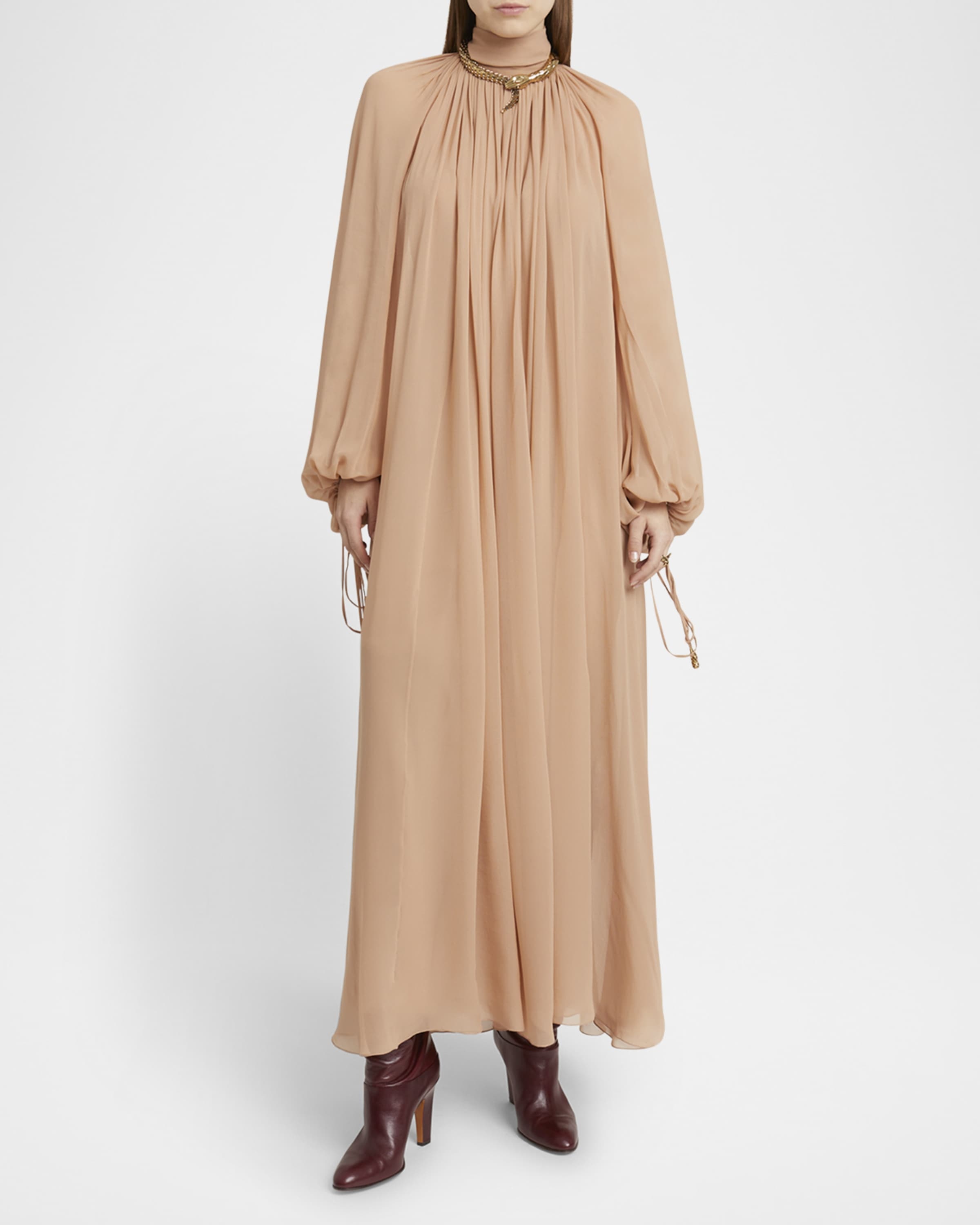 High-Neck Tie Long-Sleeve Silk Gown - 2