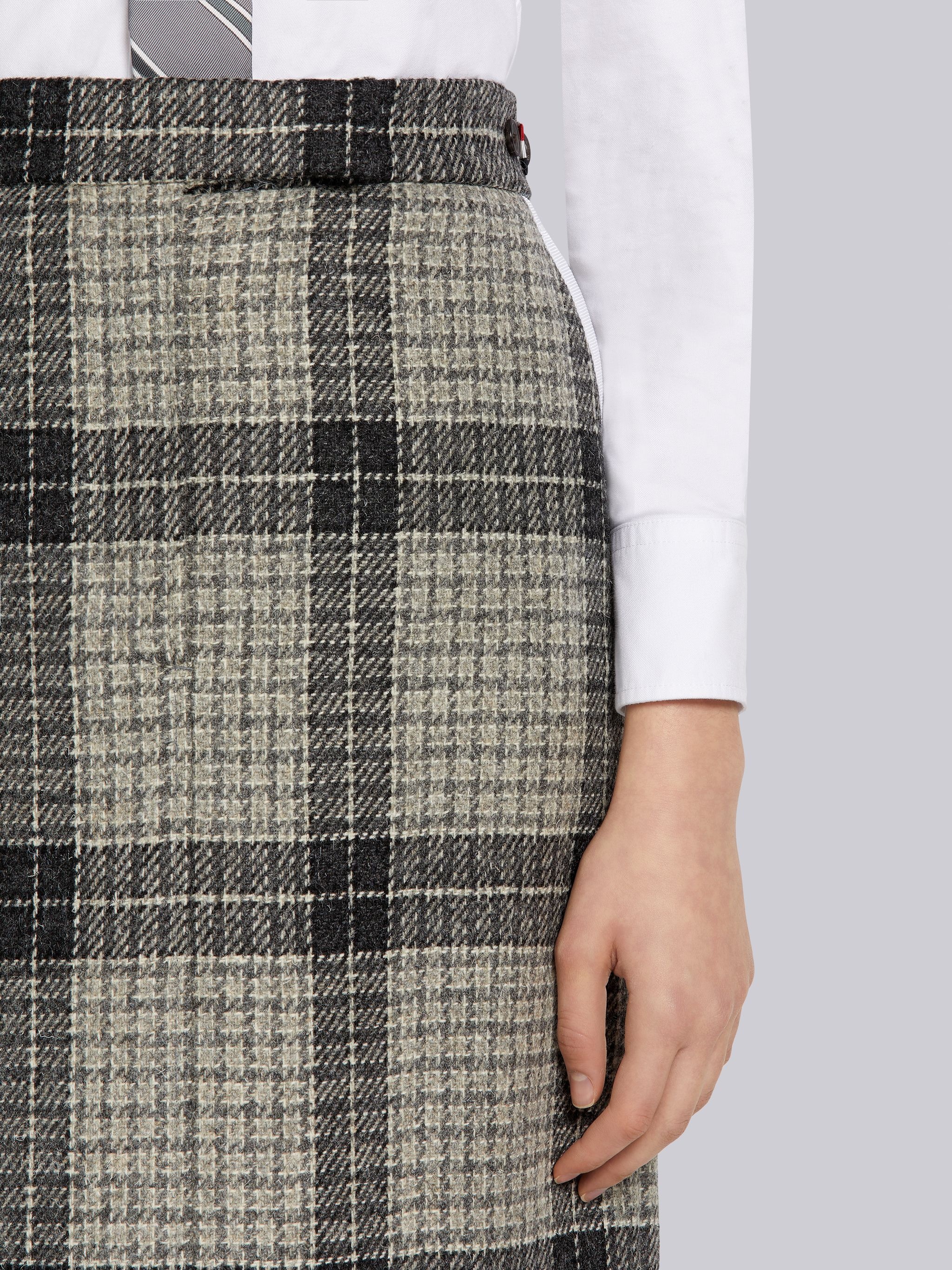 Medium Grey Grid Windowpane Check British Wool Grosgrain Tipping Below-the-Knee Sack Skirt - 5