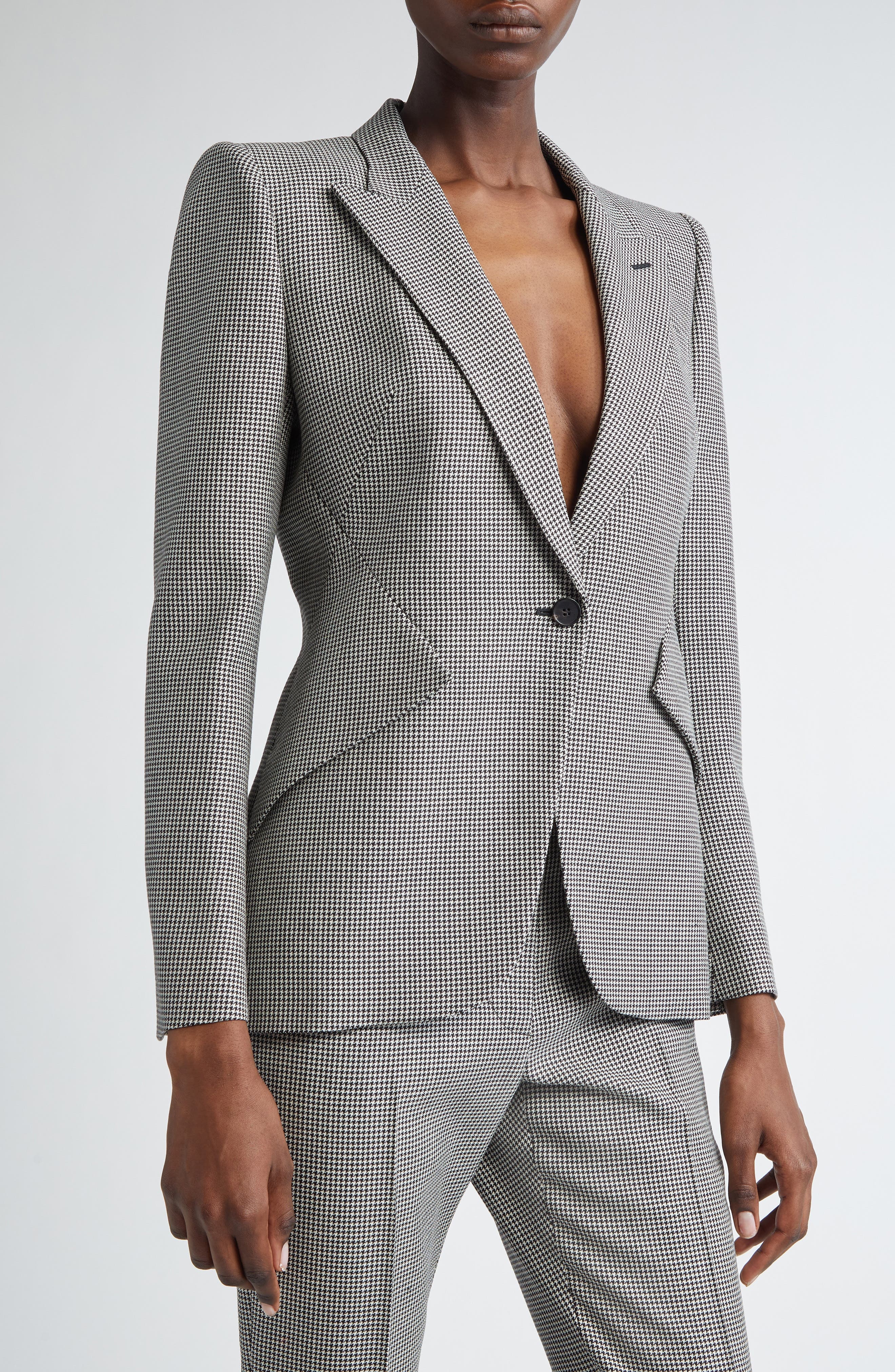McQueen Houndstooth Check Wool Blazer in Black/Ivory at Nordstrom - 5