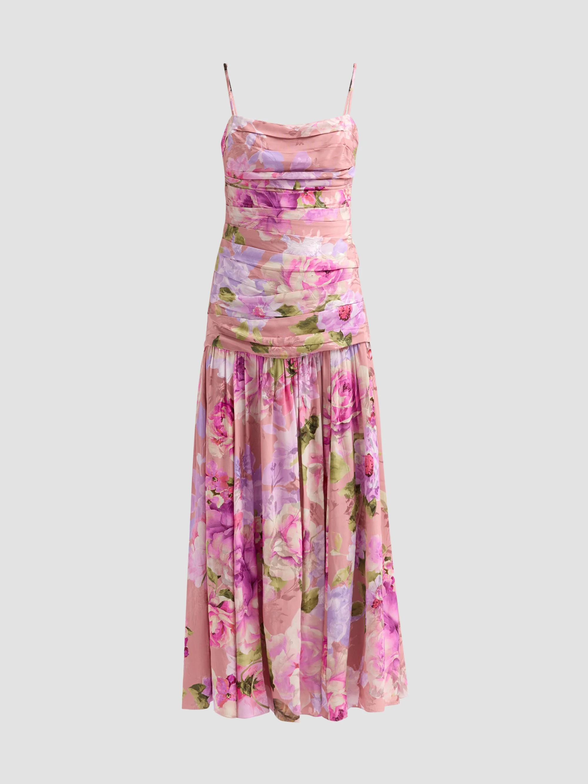 Women's Floral Ruched Drop-Waist Maxi Dress - Coral - 1