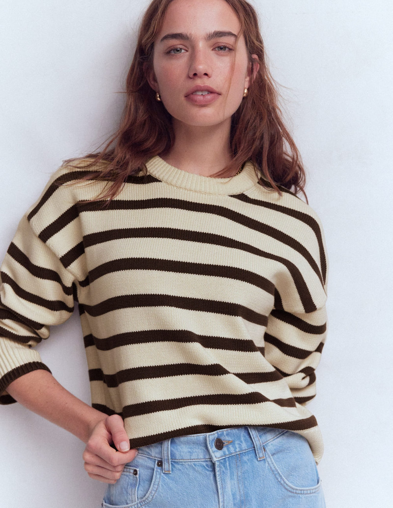 Lucy Relaxed Cotton Sweater-Ivory, Brown - 1