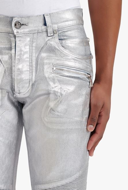 Embossed silvery cotton slim jeans with Balmain-monogrammed hem - 5