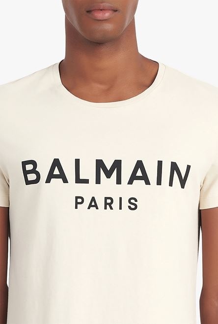 Ivory cotton T-shirt with black Balmain Paris logo print - 6