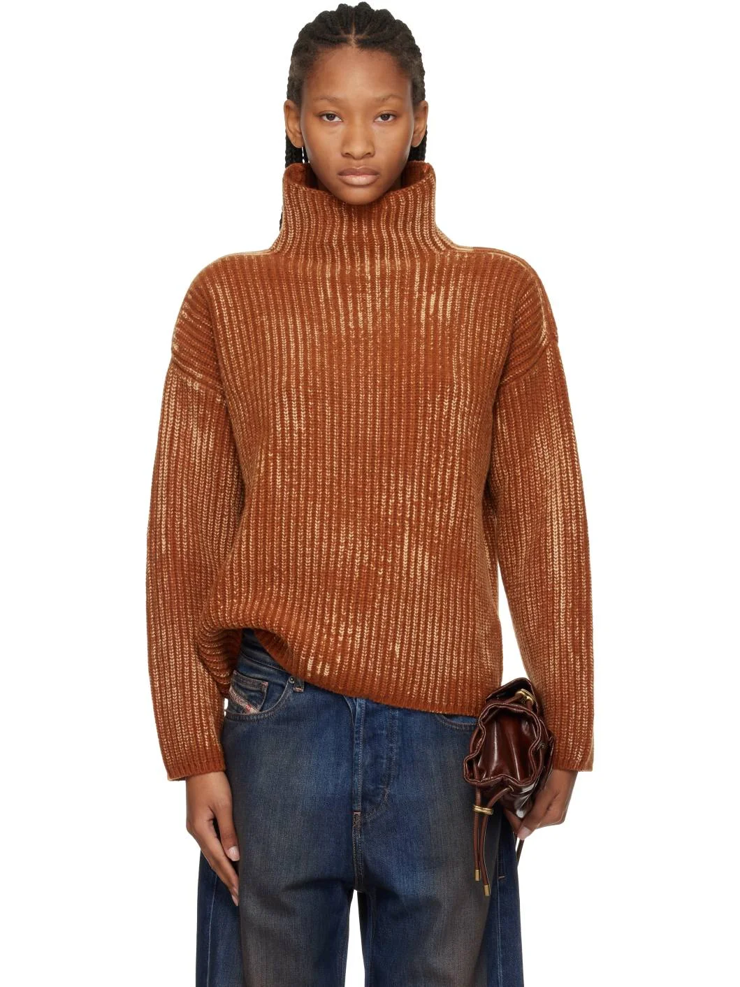Brown Ribbed Wool Blend Funnel-Neck Sweater - 1