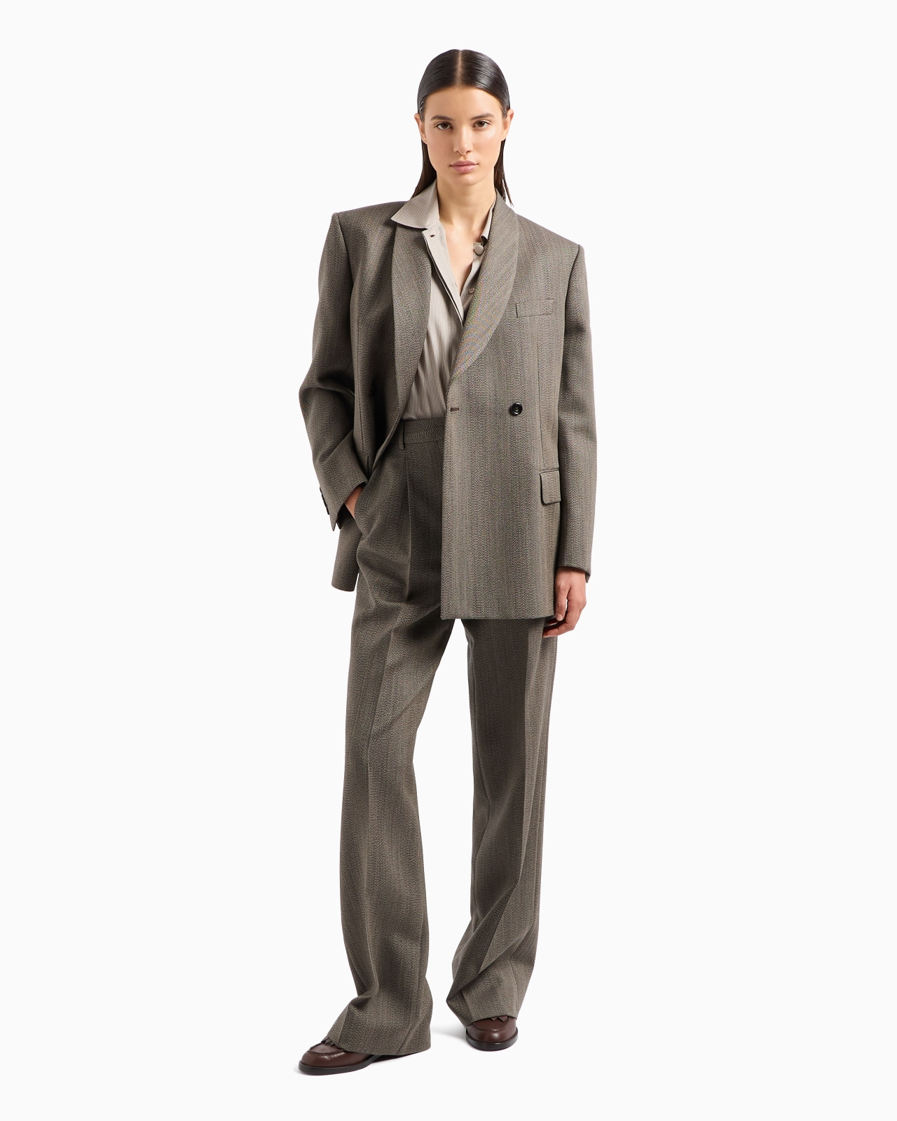 MOULINÉ WOOL-BLEND CHEVRON MOTIF DOUBLE-BREASTED BLAZER WITH SHAWL COLLAR - 4