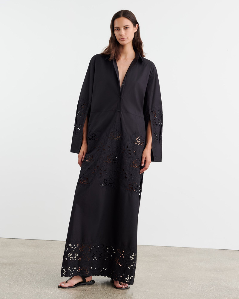 NILI LOTAN LOUANNE EMBROIDERED LONG POPLIN DRESS outlook