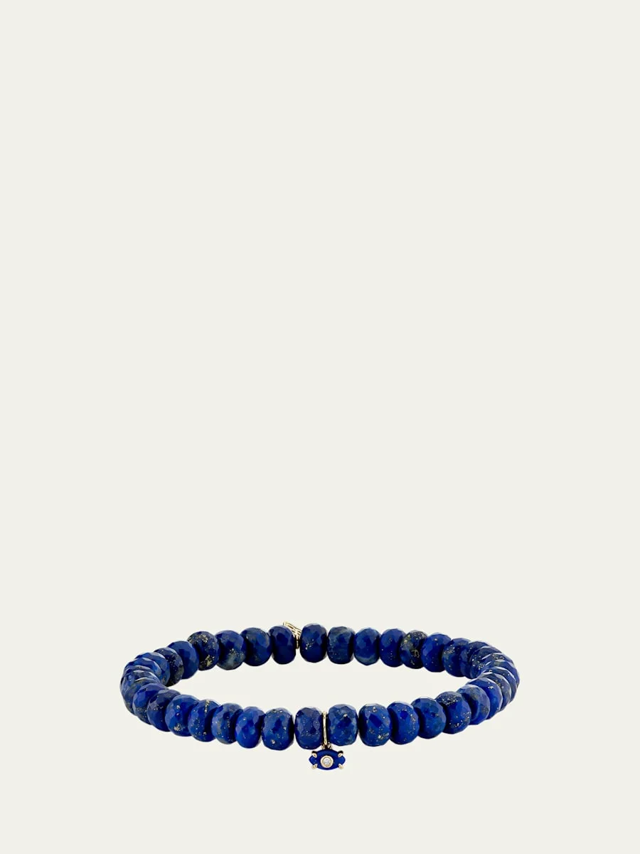 14K Yellow Gold Tiny Carved Lapis Evil Eye Charm on Lapis Rondelle Bracelet - 1