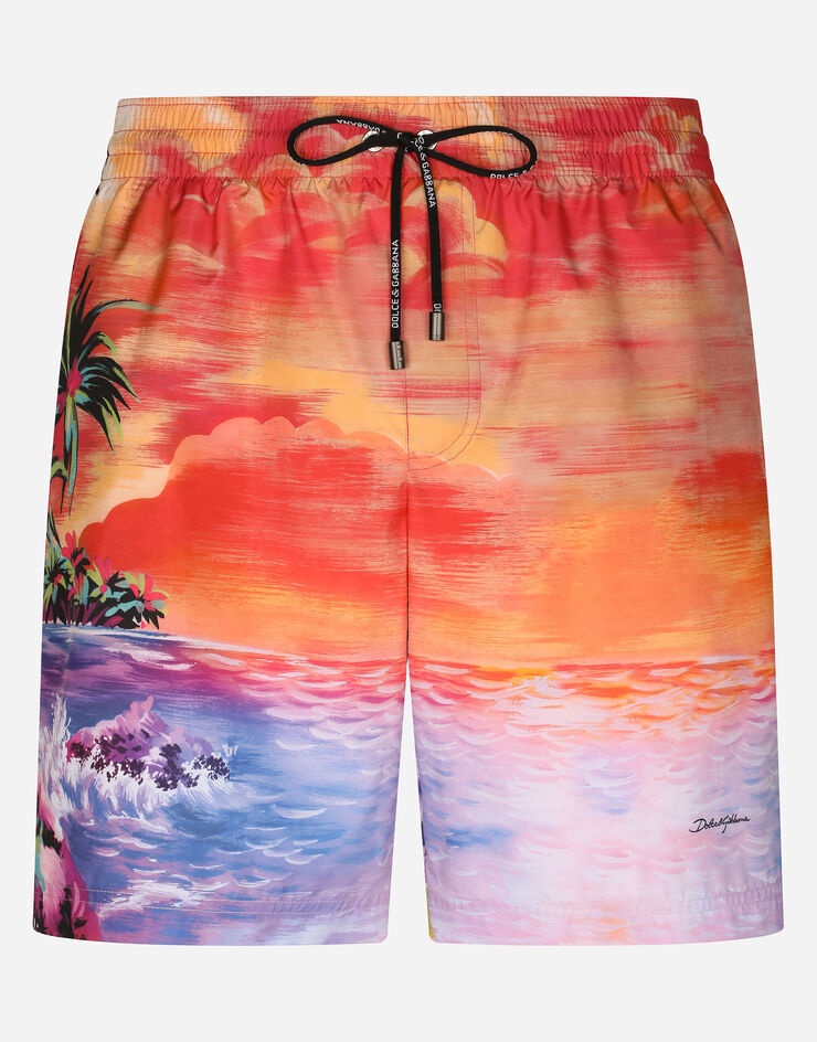 Mid-length swim trunks with Hawaiian print - 1