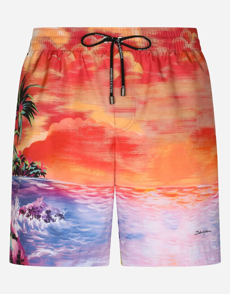 Mid-length swim trunks with Hawaiian print 1