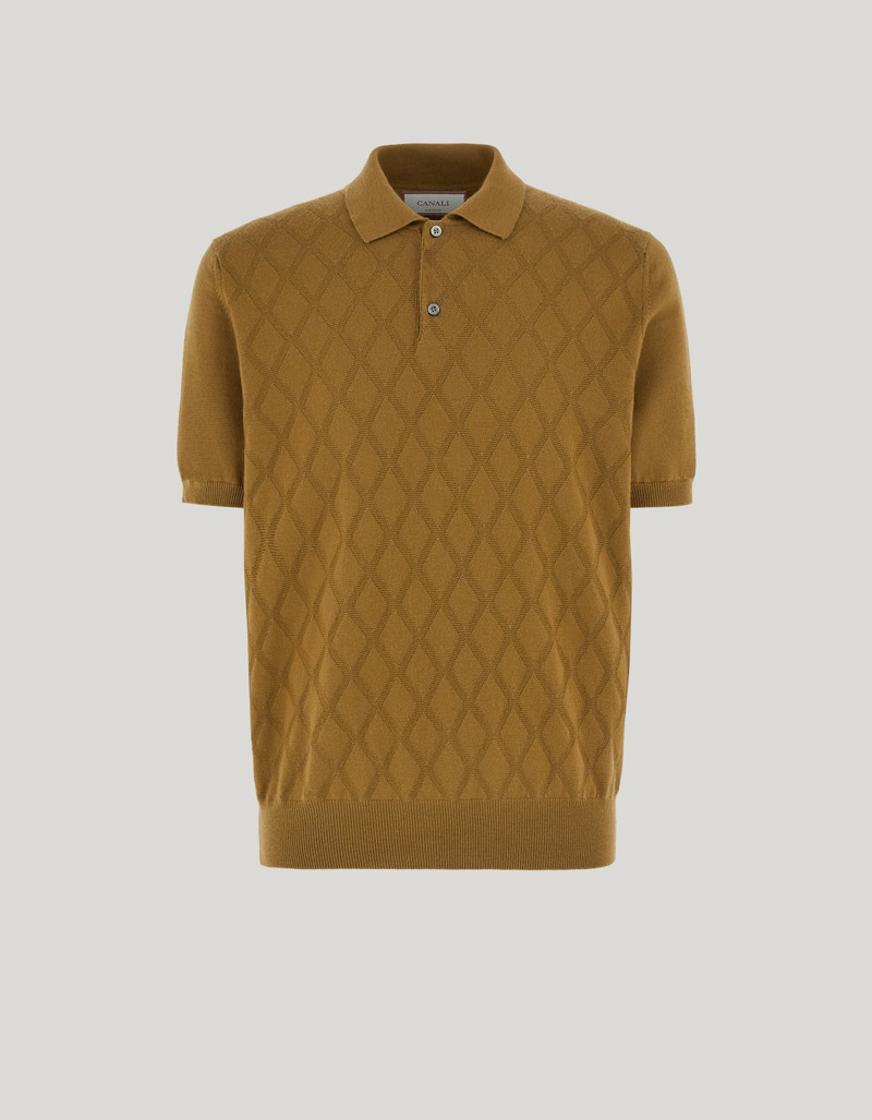 SHORT-SLEEVE MUSTARD MERINO WOOL POLO WITH DIAMOND TEXTURE 1